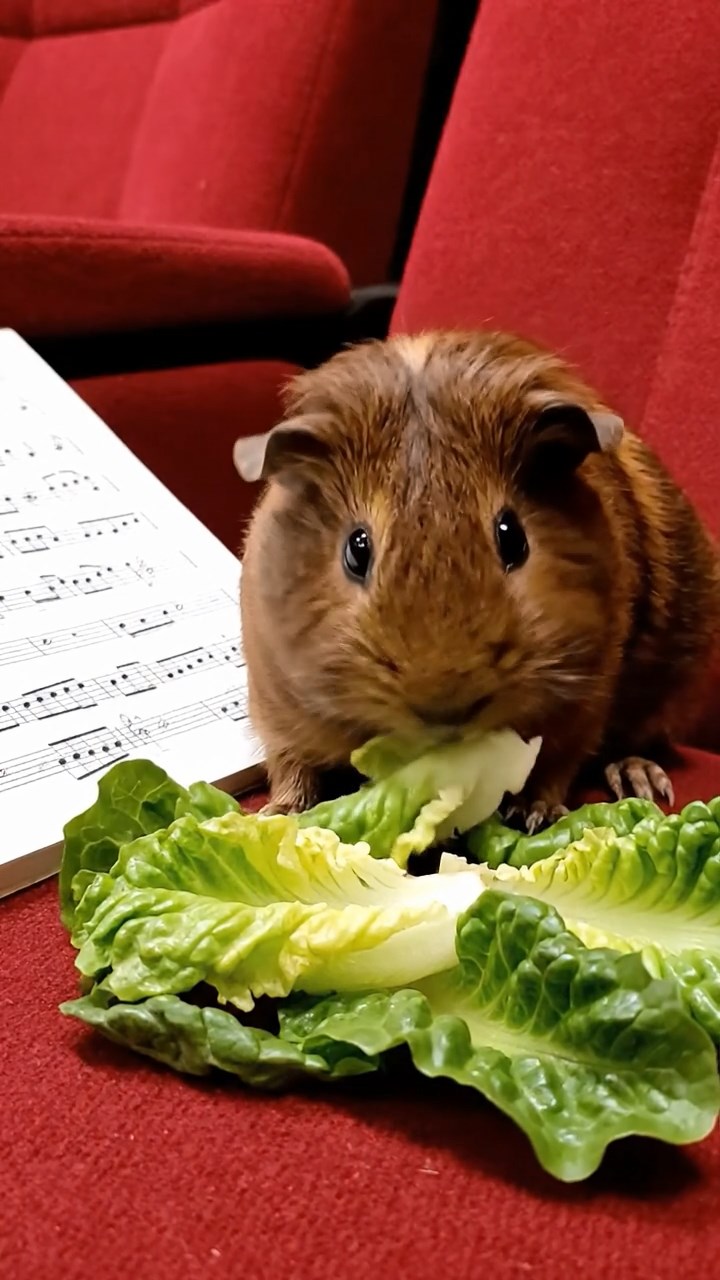 1646. Realistic depiction of 1 smooth-haired Texel guinea pig with chocolate fur, chewing on romaine hearts, among auditorium chairs with sheet music.