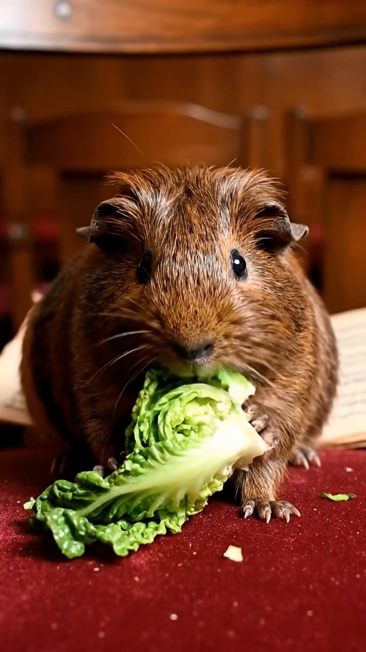 1646. Realistic depiction of 1 smooth-haired Texel guinea pig with chocolate fur, chewing on romaine hearts, among auditorium chairs with sheet music.