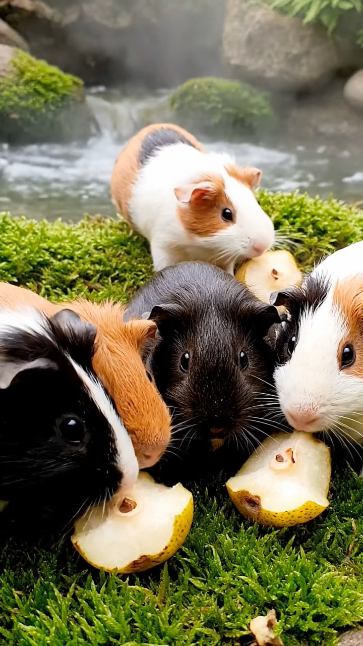 1647. Detailed image of 4 smooth-haired Rex guinea pigs in cinnamon, sable, and white colors, sharing pear cores, by a bubbling thermal spring terrace.