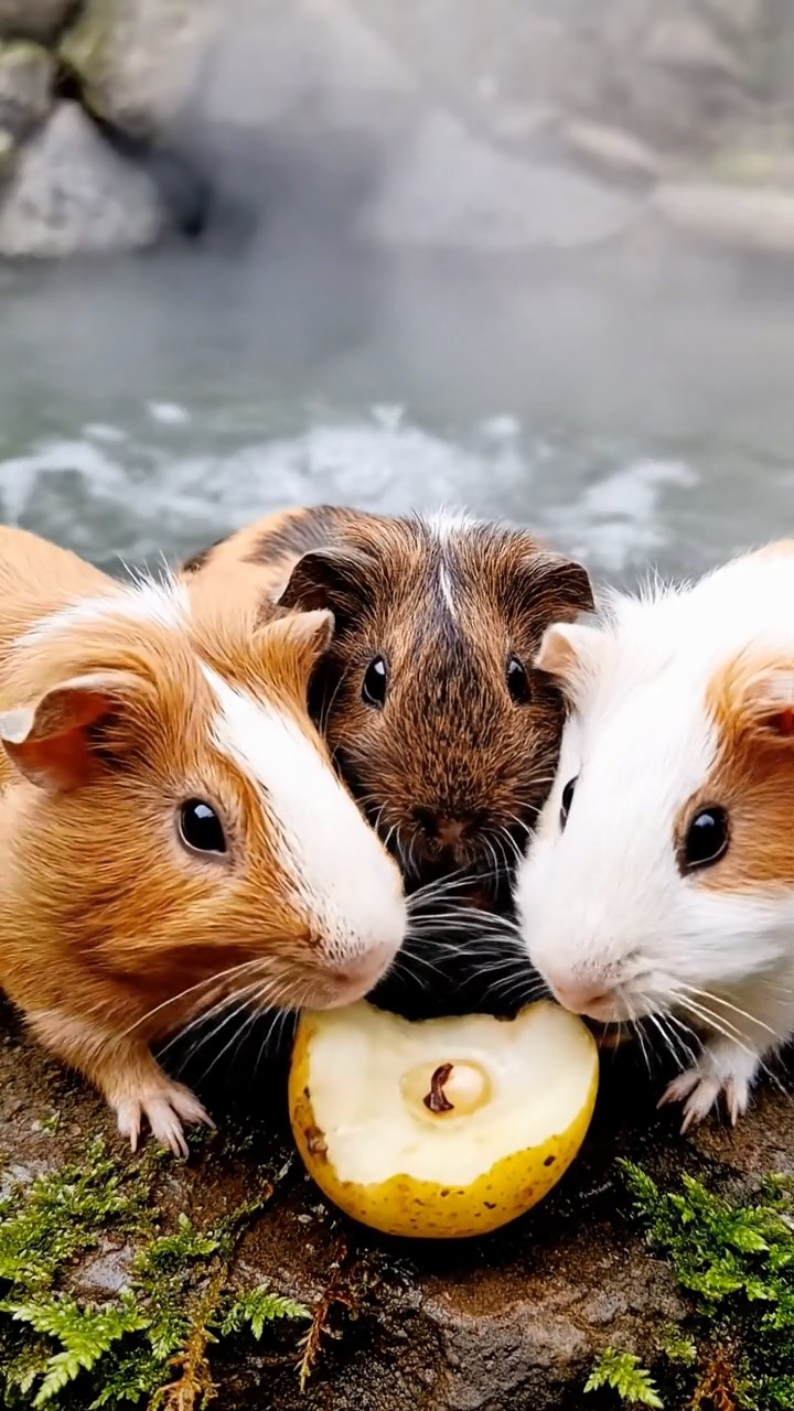 1647. Detailed image of 4 smooth-haired Rex guinea pigs in cinnamon, sable, and white colors, sharing pear cores, by a bubbling thermal spring terrace.