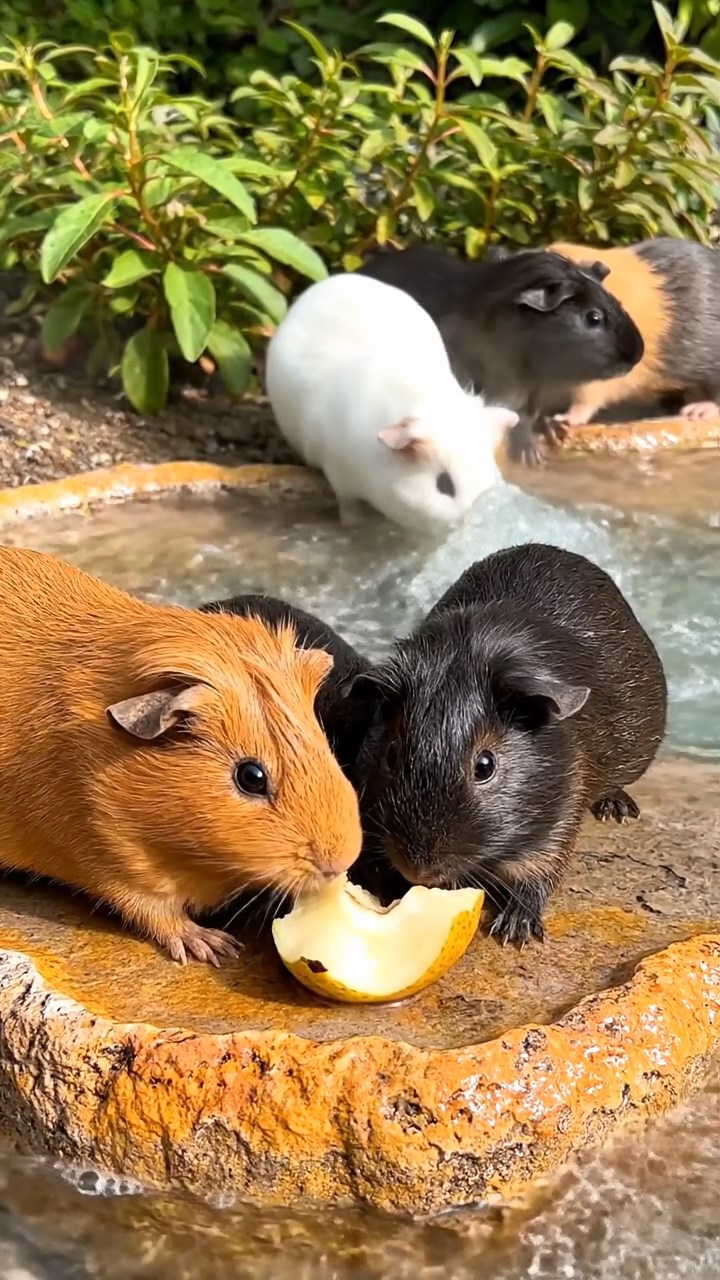 1647. Detailed image of 4 smooth-haired Rex guinea pigs in cinnamon, sable, and white colors, sharing pear cores, by a bubbling thermal spring terrace.