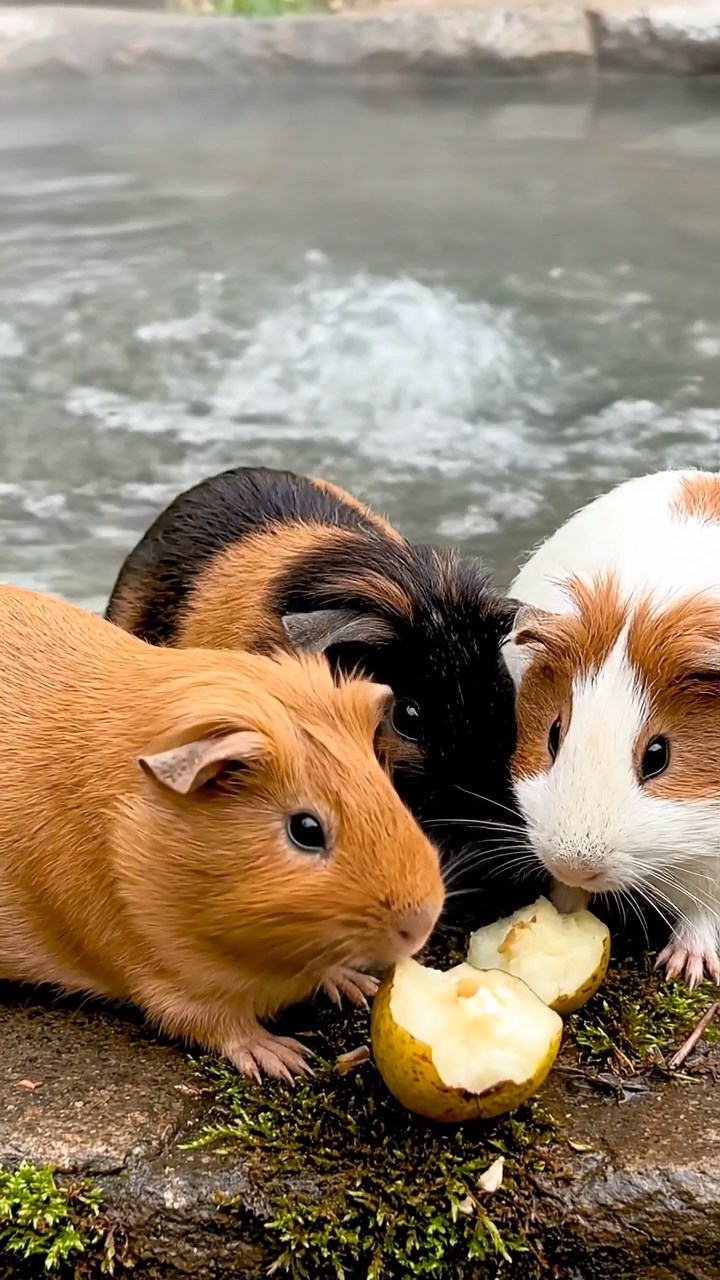 1647. Detailed image of 4 smooth-haired Rex guinea pigs in cinnamon, sable, and white colors, sharing pear cores, by a bubbling thermal spring terrace.
