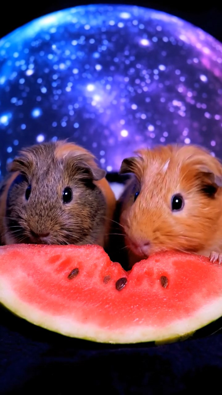 1648. Photorealistic scene of 2 smooth-haired Coronet guinea pigs with orange and gray fur, munching on watermelon slices, under a cosmic star projection dome.