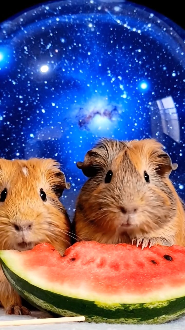 1648. Photorealistic scene of 2 smooth-haired Coronet guinea pigs with orange and gray fur, munching on watermelon slices, under a cosmic star projection dome.