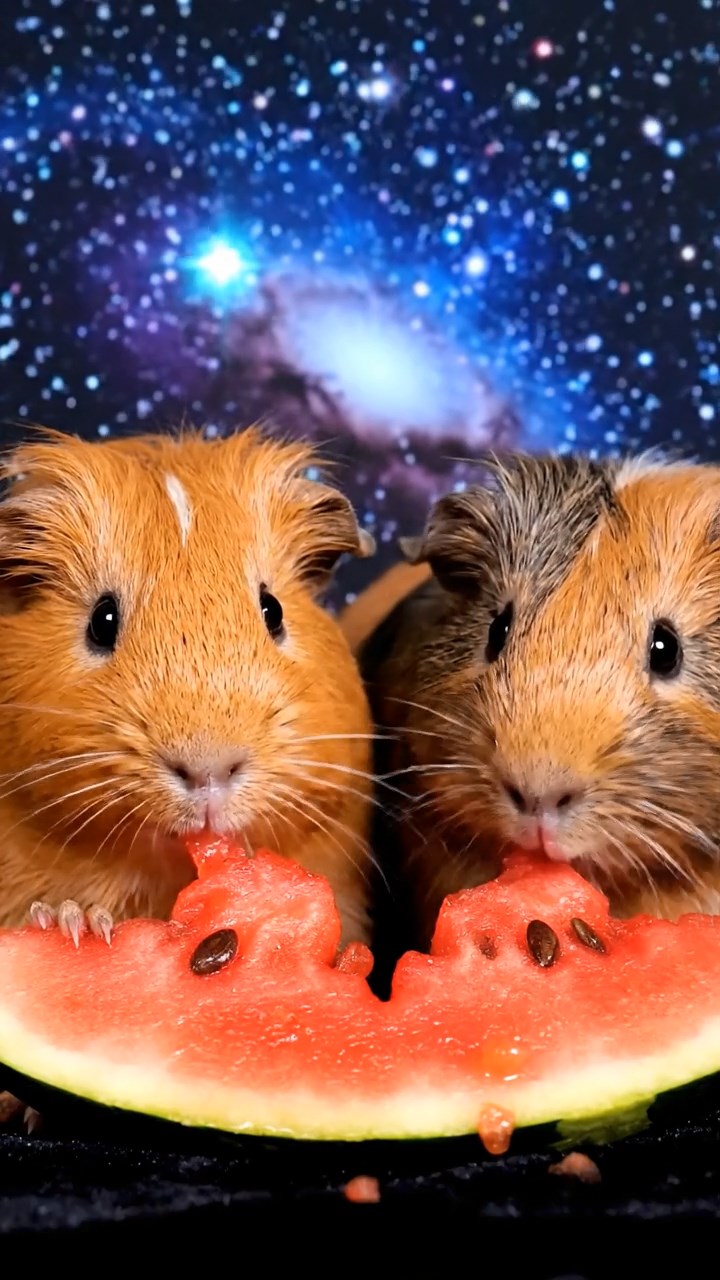 1648. Photorealistic scene of 2 smooth-haired Coronet guinea pigs with orange and gray fur, munching on watermelon slices, under a cosmic star projection dome.