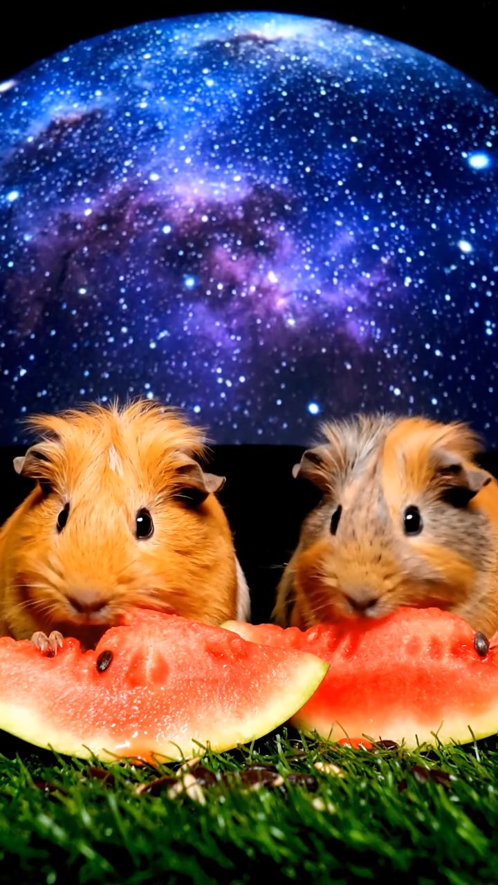 1648. Photorealistic scene of 2 smooth-haired Coronet guinea pigs with orange and gray fur, munching on watermelon slices, under a cosmic star projection dome.