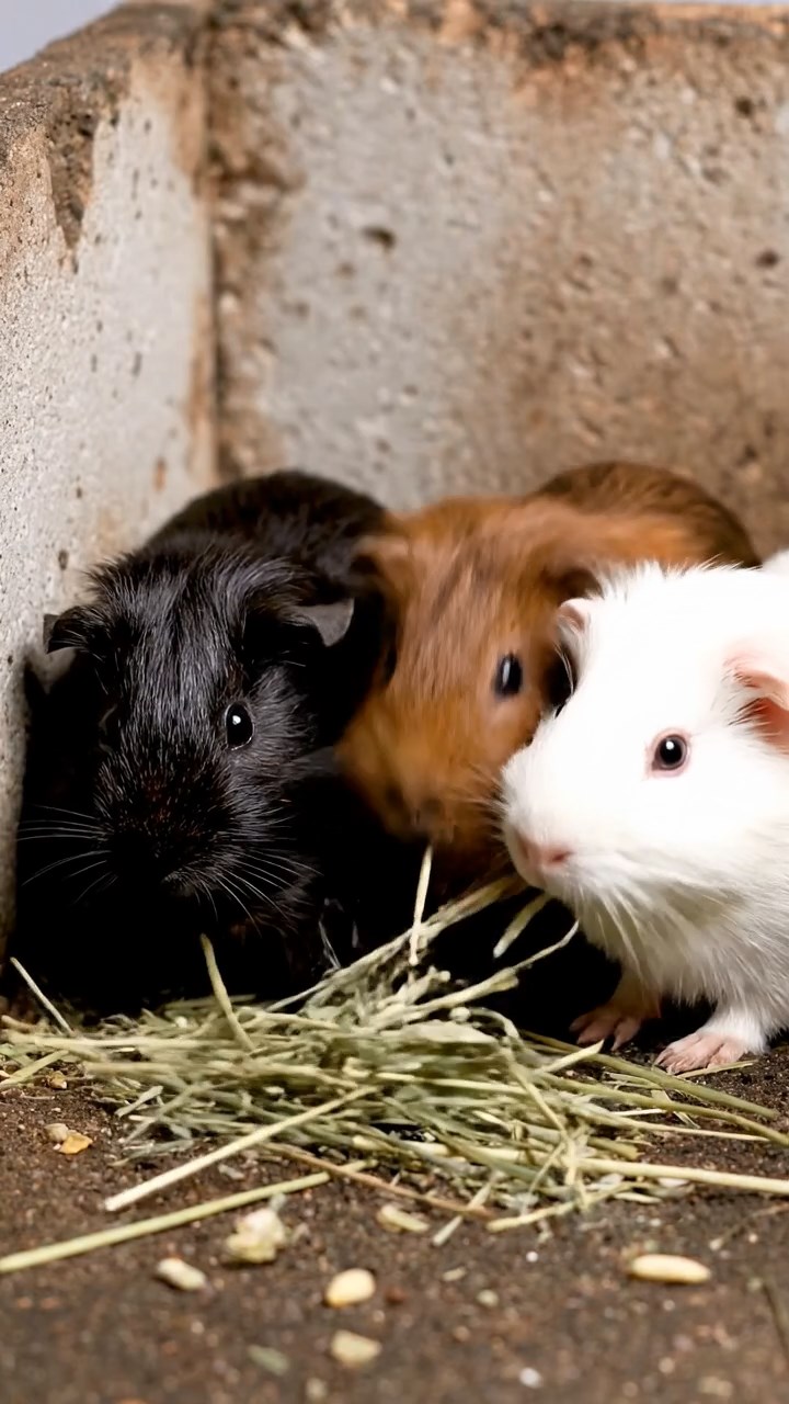 1649. Realistic photo of 3 smooth-haired White Crested guinea pigs featuring black, brown, and cream coats, eating timothy hay, in a speedway maintenance pit.