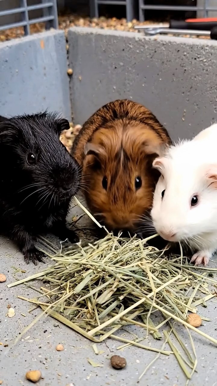 1649. Realistic photo of 3 smooth-haired White Crested guinea pigs featuring black, brown, and cream coats, eating timothy hay, in a speedway maintenance pit.