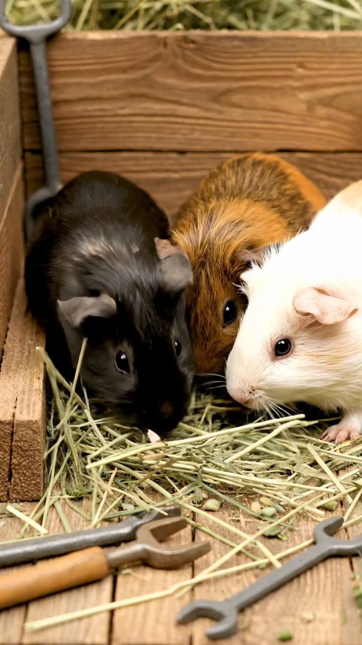 1649. Realistic photo of 3 smooth-haired White Crested guinea pigs featuring black, brown, and cream coats, eating timothy hay, in a speedway maintenance pit.