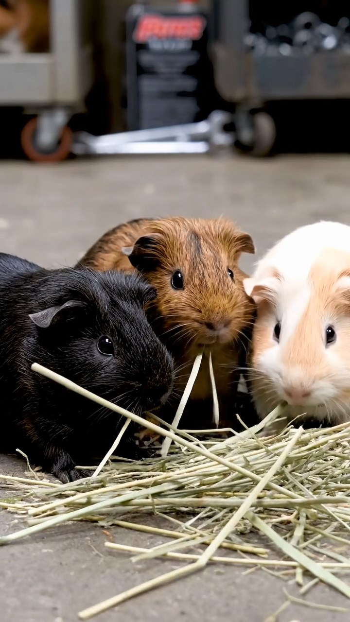 1649. Realistic photo of 3 smooth-haired White Crested guinea pigs featuring black, brown, and cream coats, eating timothy hay, in a speedway maintenance pit.