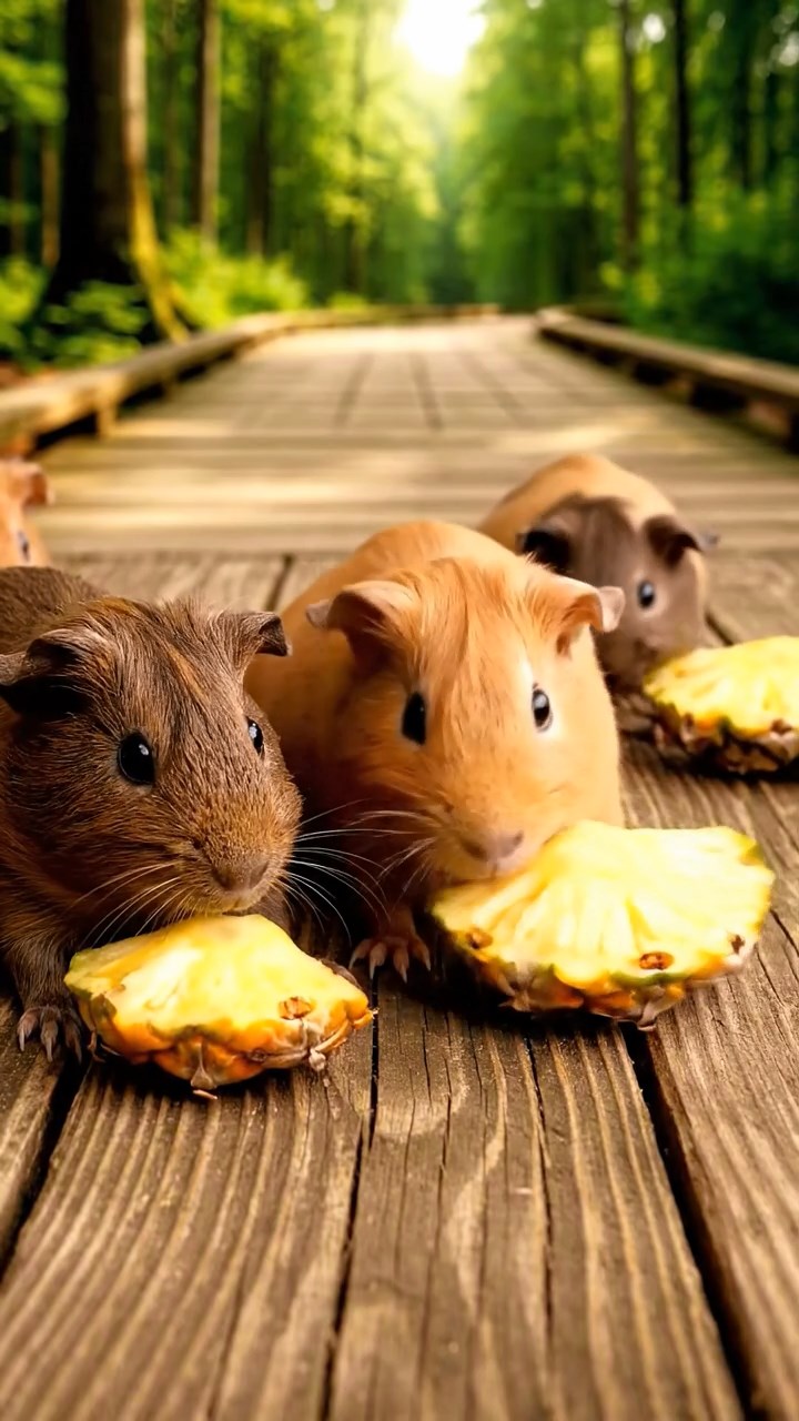 1650. Highly detailed view of 5 smooth-haired Skinny guinea pigs with fawn, chocolate, and cinnamon fur, nibbling on pineapple cores, along an elevated forest boardwalk.
