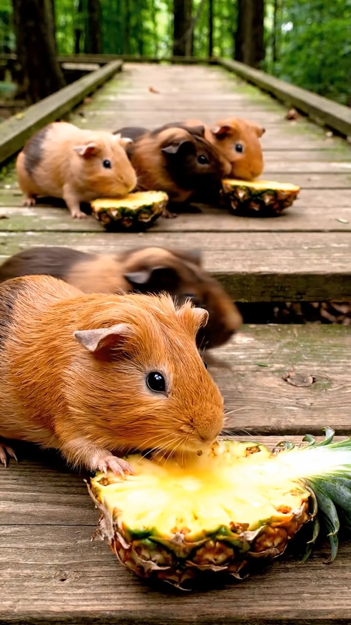 1650. Highly detailed view of 5 smooth-haired Skinny guinea pigs with fawn, chocolate, and cinnamon fur, nibbling on pineapple cores, along an elevated forest boardwalk.