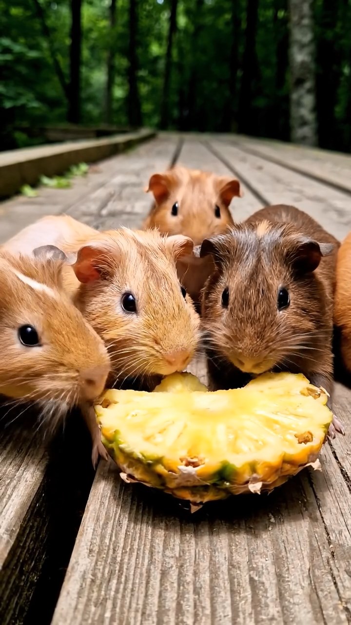 1650. Highly detailed view of 5 smooth-haired Skinny guinea pigs with fawn, chocolate, and cinnamon fur, nibbling on pineapple cores, along an elevated forest boardwalk.