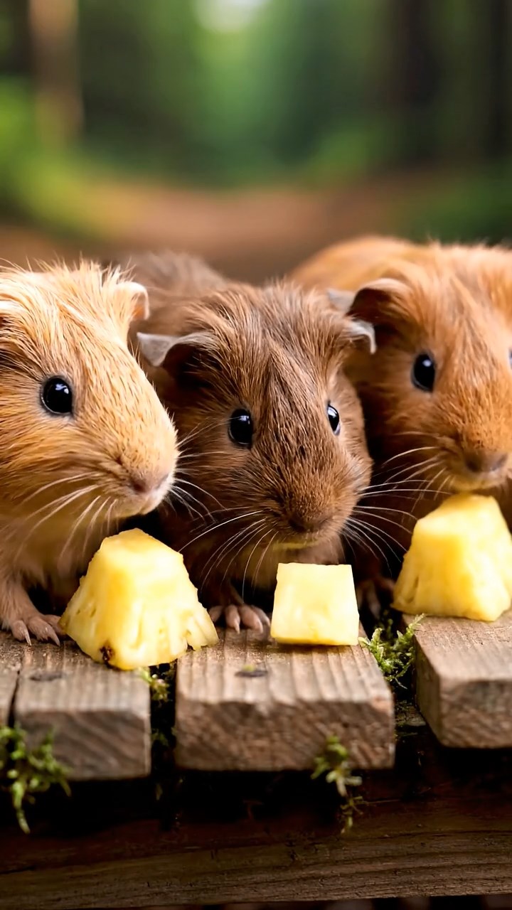 1650. Highly detailed view of 5 smooth-haired Skinny guinea pigs with fawn, chocolate, and cinnamon fur, nibbling on pineapple cores, along an elevated forest boardwalk.