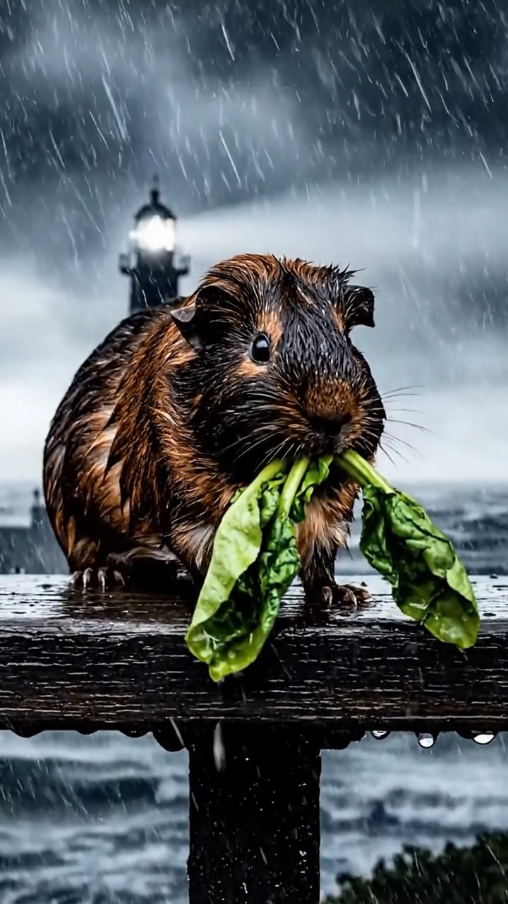 1651. Photorealistic image of 1 smooth-haired American guinea pig with sable fur, chewing on spinach bunches, atop a cliffside lighthouse railing with storms.