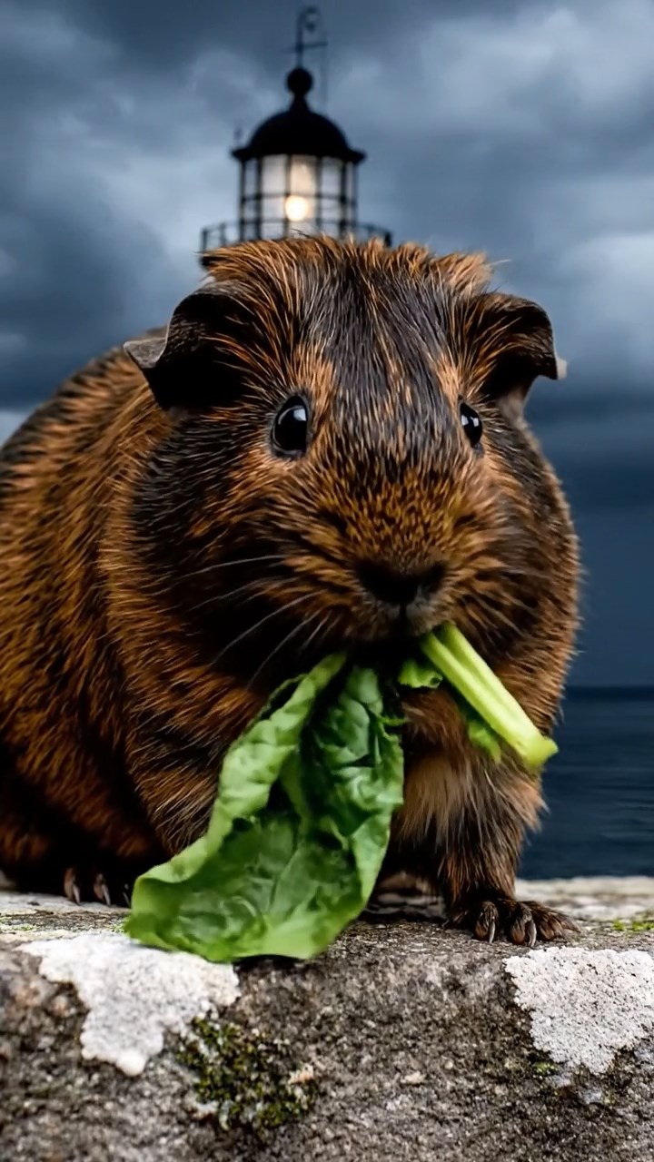 1651. Photorealistic image of 1 smooth-haired American guinea pig with sable fur, chewing on spinach bunches, atop a cliffside lighthouse railing with storms.
