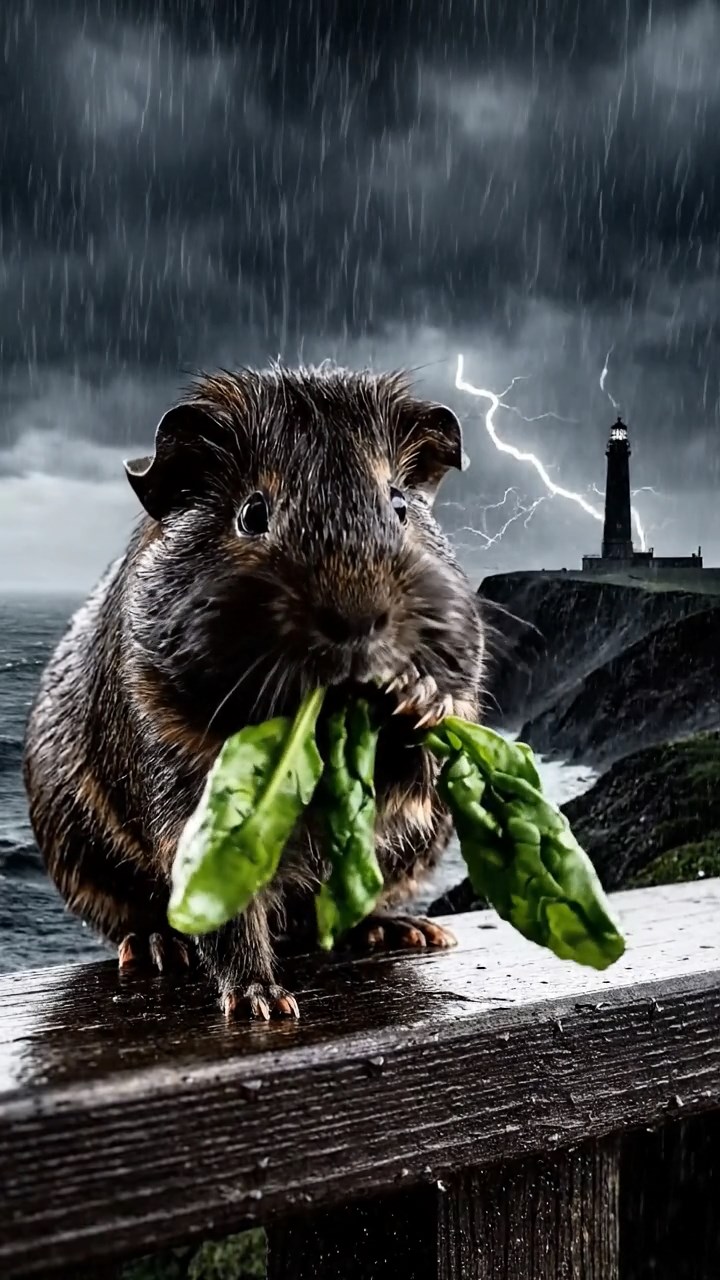 1651. Photorealistic image of 1 smooth-haired American guinea pig with sable fur, chewing on spinach bunches, atop a cliffside lighthouse railing with storms.