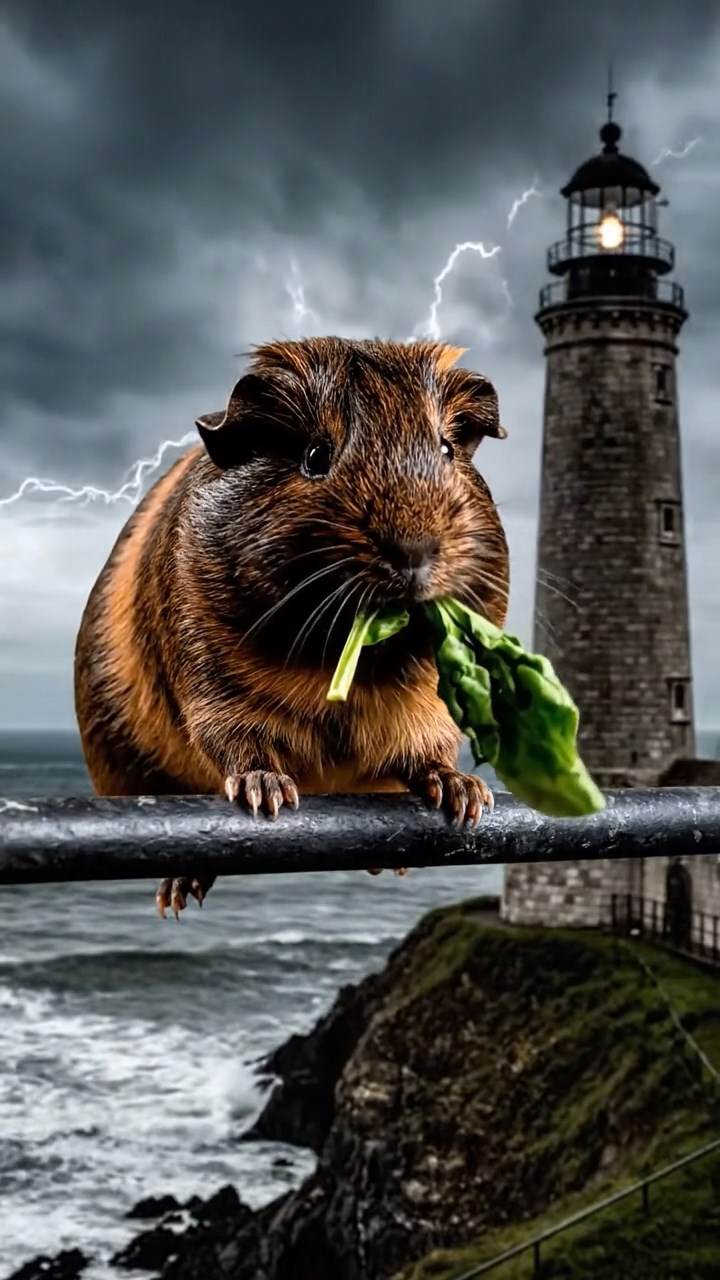 1651. Photorealistic image of 1 smooth-haired American guinea pig with sable fur, chewing on spinach bunches, atop a cliffside lighthouse railing with storms.