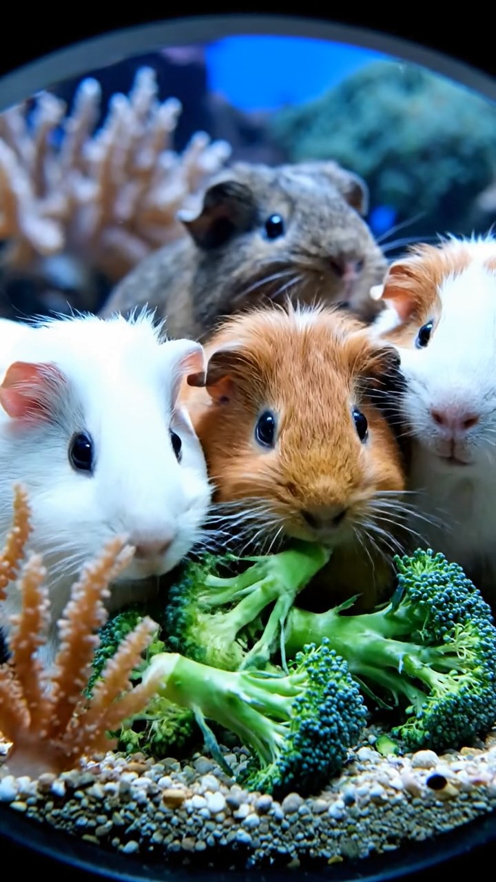 1652. Realistic depiction of 4 smooth-haired Abyssinian guinea pigs in white, orange, and gray colors, sharing broccoli stems, peering through a sub viewing port at sea life.