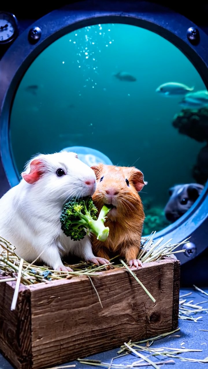 1652. Realistic depiction of 4 smooth-haired Abyssinian guinea pigs in white, orange, and gray colors, sharing broccoli stems, peering through a sub viewing port at sea life.