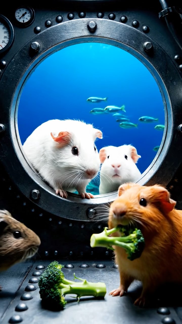 1652. Realistic depiction of 4 smooth-haired Abyssinian guinea pigs in white, orange, and gray colors, sharing broccoli stems, peering through a sub viewing port at sea life.