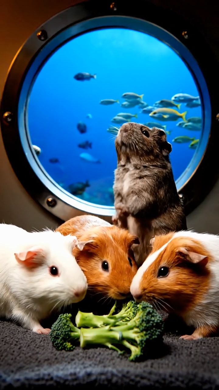 1652. Realistic depiction of 4 smooth-haired Abyssinian guinea pigs in white, orange, and gray colors, sharing broccoli stems, peering through a sub viewing port at sea life.
