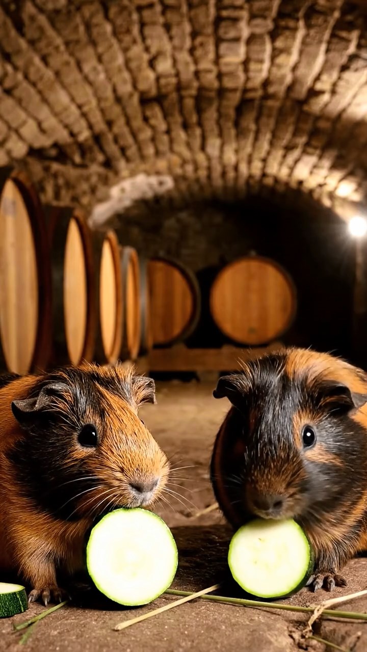 1653. Detailed scene of 2 smooth-haired Peruvian guinea pigs with black and brown fur, munching on zucchini rounds, among barrel stacks in a vaulted cellar.