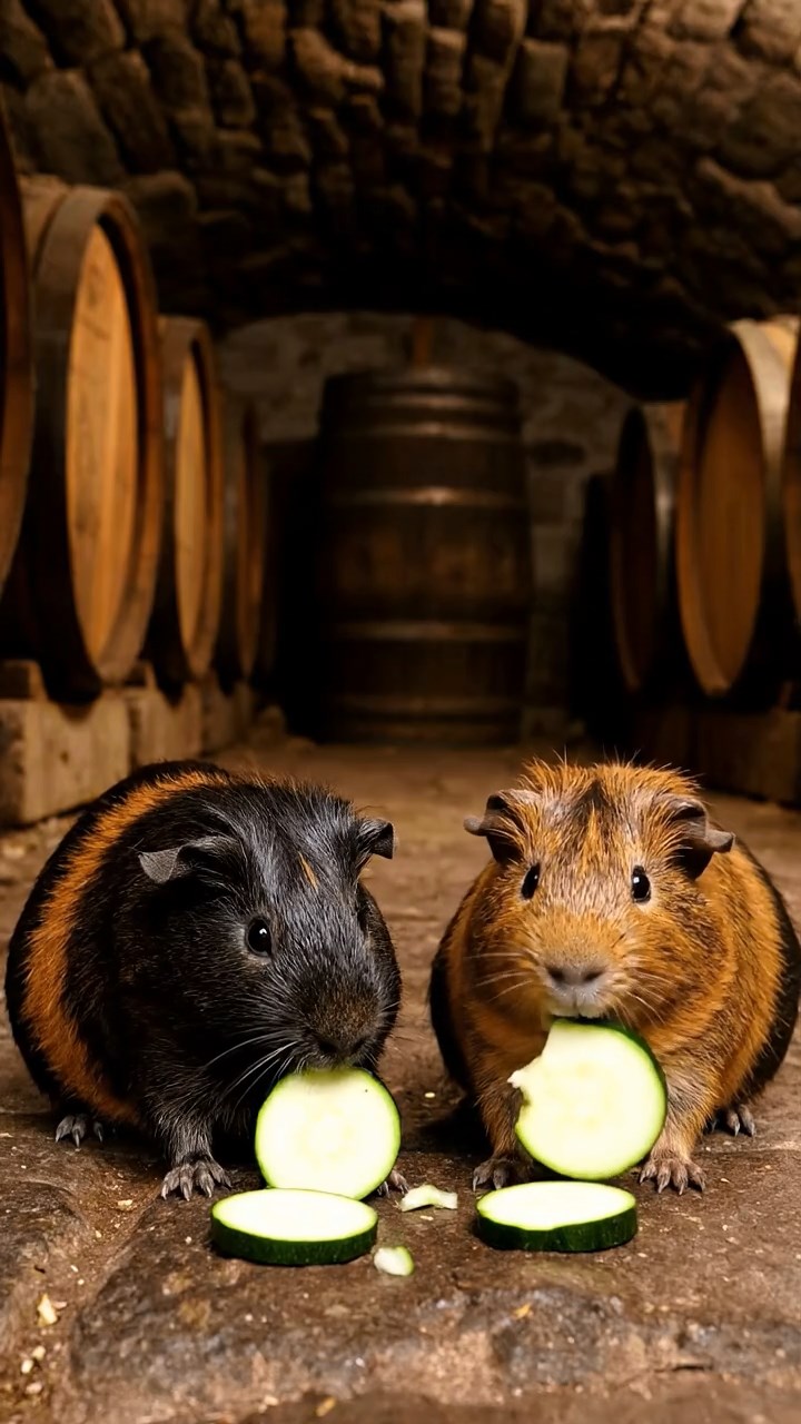 1653. Detailed scene of 2 smooth-haired Peruvian guinea pigs with black and brown fur, munching on zucchini rounds, among barrel stacks in a vaulted cellar.