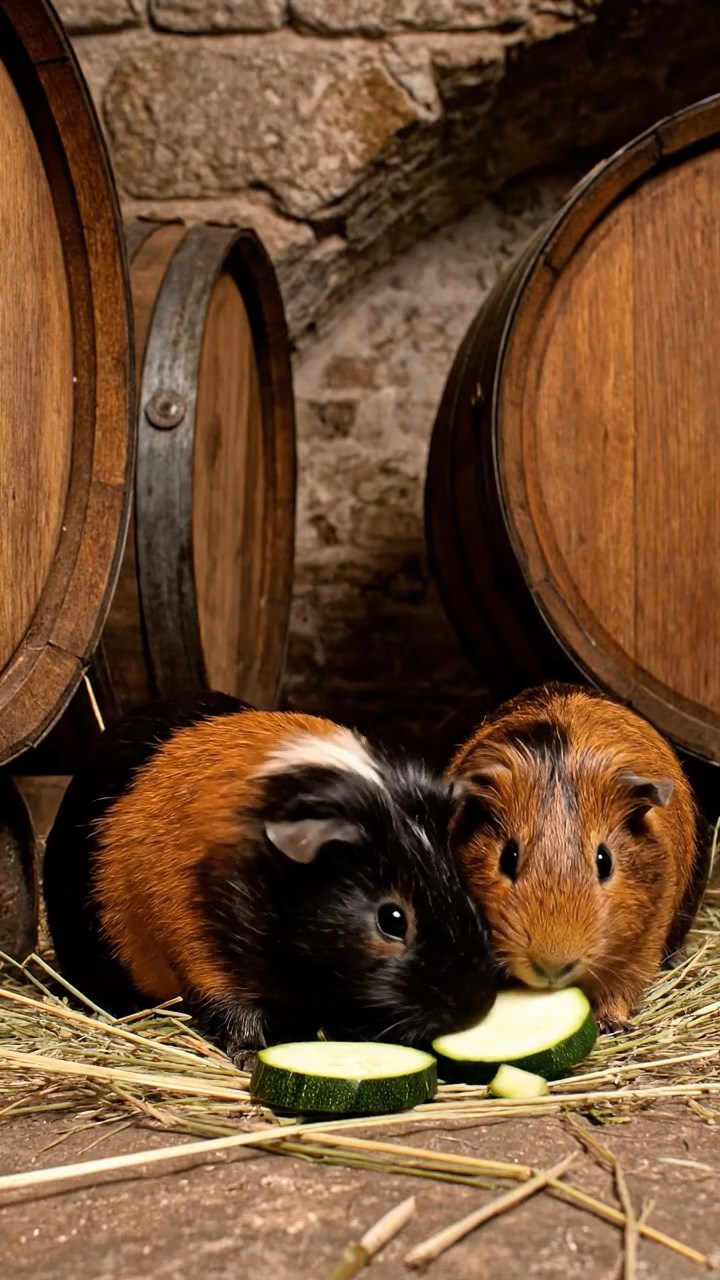 1653. Detailed scene of 2 smooth-haired Peruvian guinea pigs with black and brown fur, munching on zucchini rounds, among barrel stacks in a vaulted cellar.