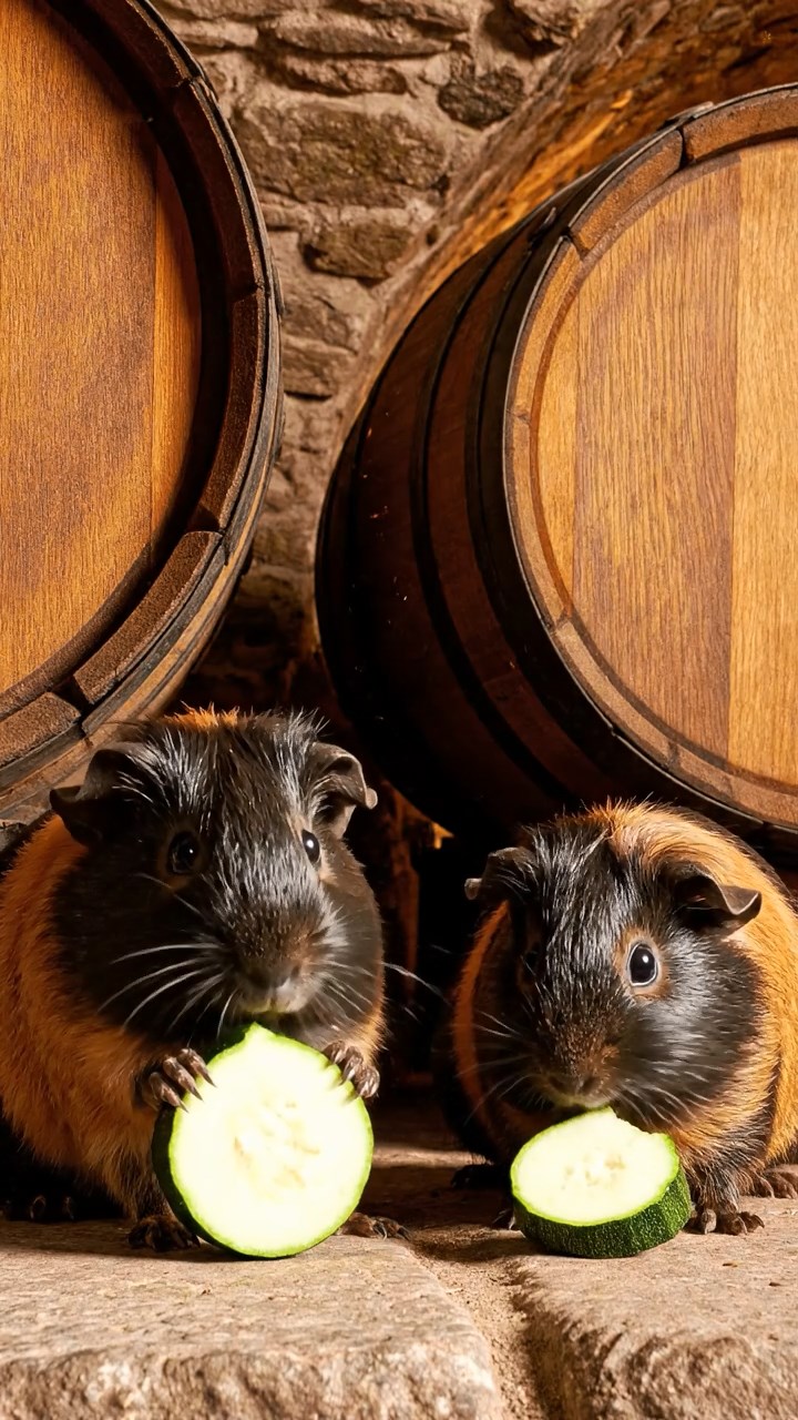 1653. Detailed scene of 2 smooth-haired Peruvian guinea pigs with black and brown fur, munching on zucchini rounds, among barrel stacks in a vaulted cellar.