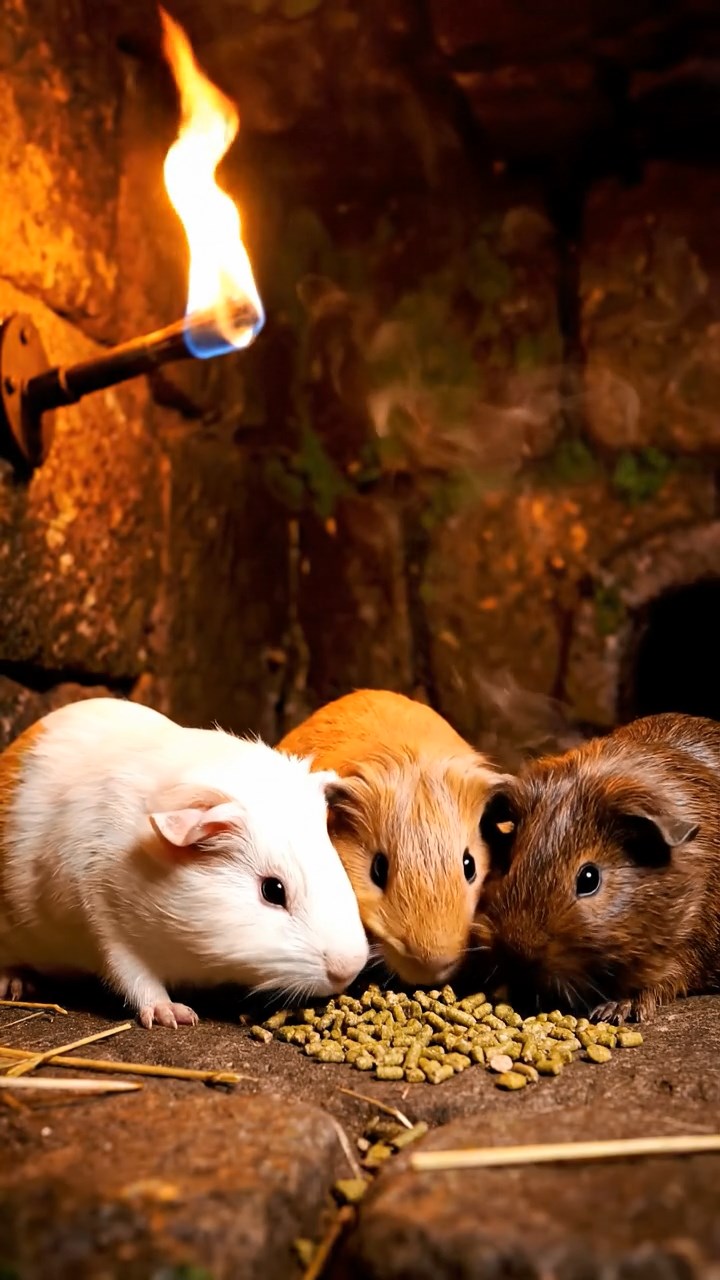 1654. Photorealistic photo of 3 smooth-haired Silkie guinea pigs featuring cream, fawn, and chocolate coats, eating alfalfa pellets, in a grim dungeon cell with torches.