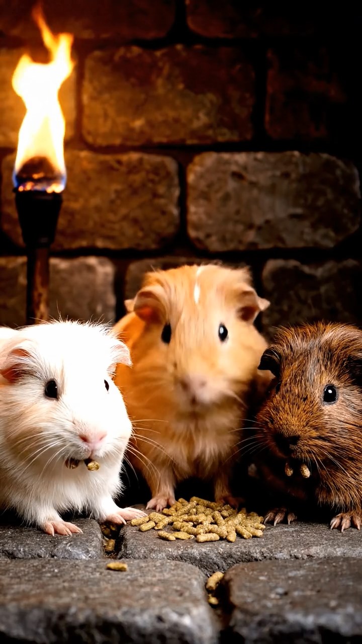 1654. Photorealistic photo of 3 smooth-haired Silkie guinea pigs featuring cream, fawn, and chocolate coats, eating alfalfa pellets, in a grim dungeon cell with torches.