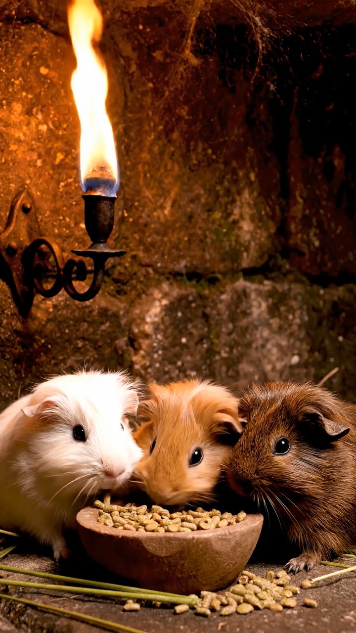 1654. Photorealistic photo of 3 smooth-haired Silkie guinea pigs featuring cream, fawn, and chocolate coats, eating alfalfa pellets, in a grim dungeon cell with torches.