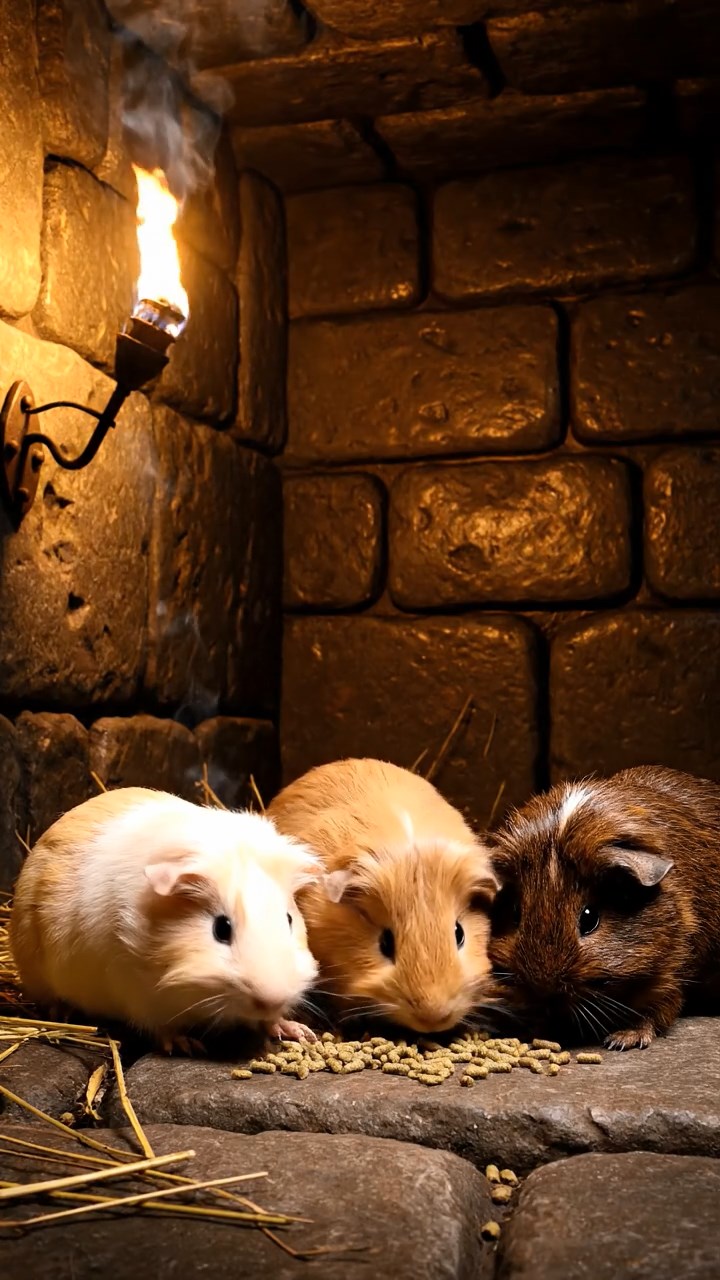 1654. Photorealistic photo of 3 smooth-haired Silkie guinea pigs featuring cream, fawn, and chocolate coats, eating alfalfa pellets, in a grim dungeon cell with torches.
