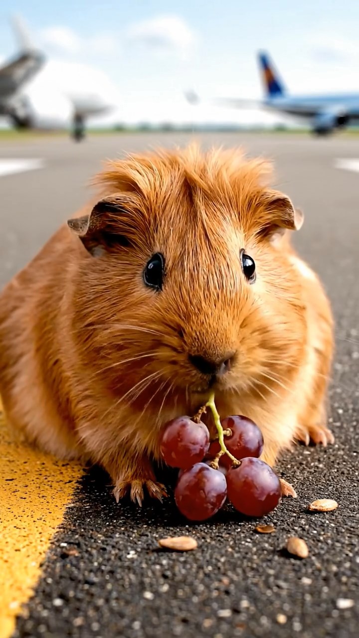 1655. Realistic image of 1 smooth-haired Teddy guinea pig with cinnamon fur, nibbling on grape clusters, on a busy tarmac edge with jets.