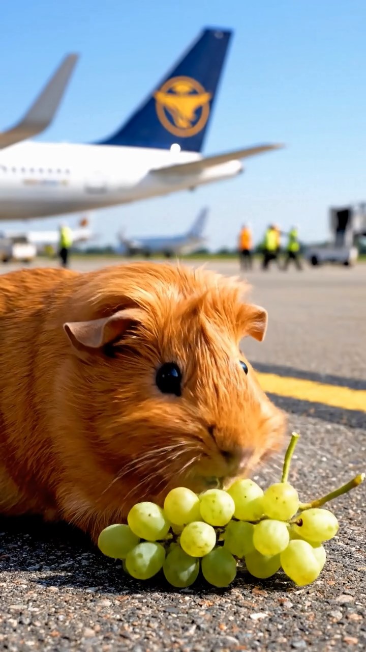 1655. Realistic image of 1 smooth-haired Teddy guinea pig with cinnamon fur, nibbling on grape clusters, on a busy tarmac edge with jets.