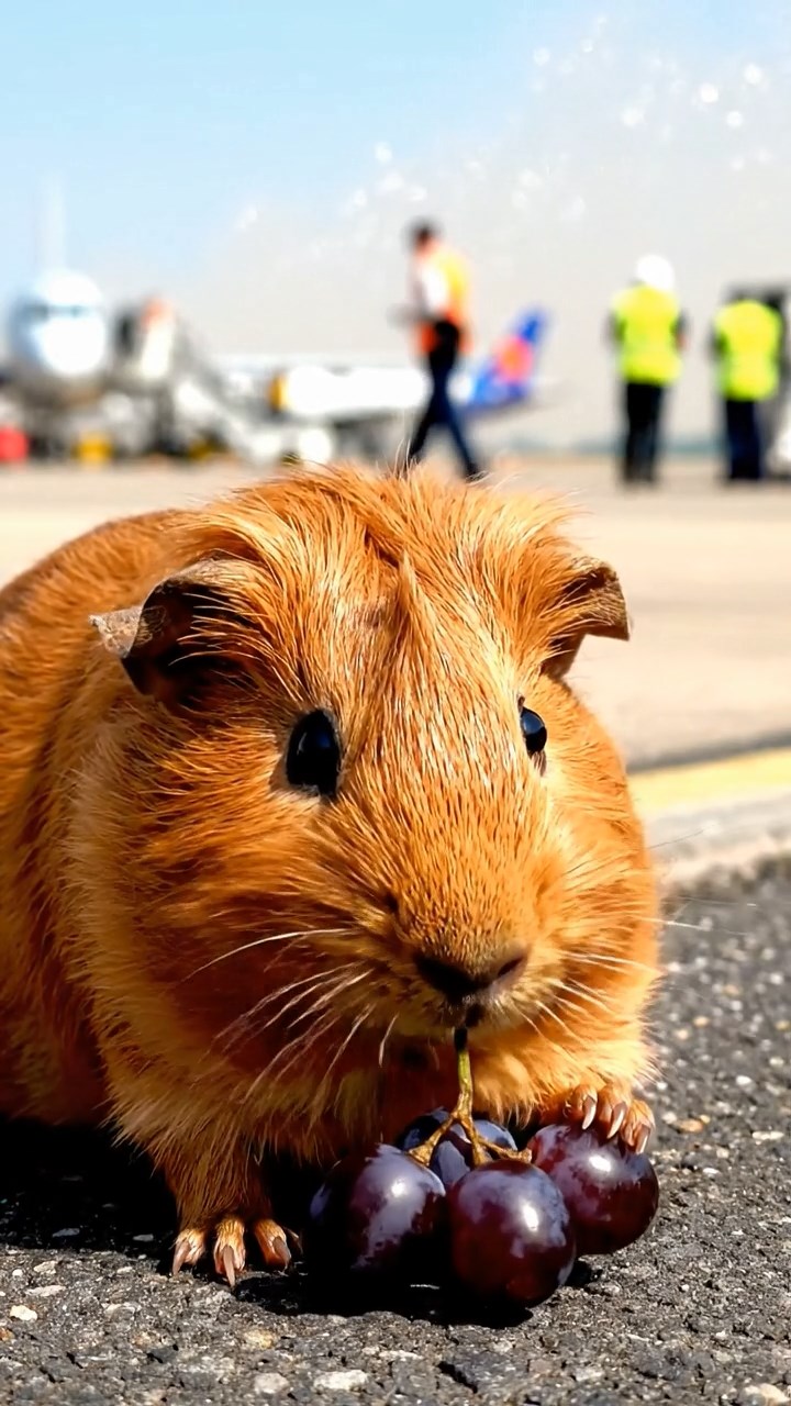 1655. Realistic image of 1 smooth-haired Teddy guinea pig with cinnamon fur, nibbling on grape clusters, on a busy tarmac edge with jets.