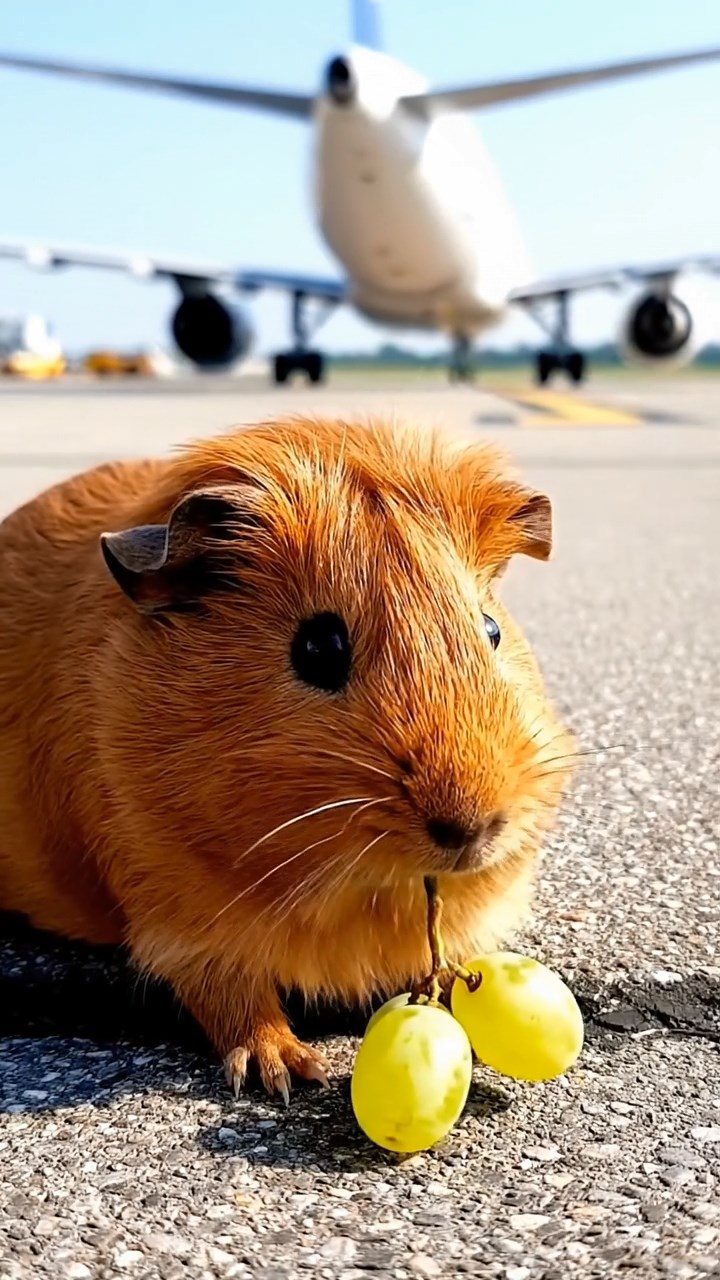 1655. Realistic image of 1 smooth-haired Teddy guinea pig with cinnamon fur, nibbling on grape clusters, on a busy tarmac edge with jets.