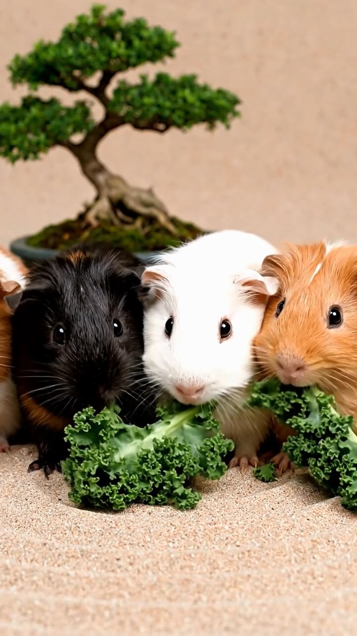 1656. Highly detailed view of 5 smooth-haired Texel guinea pigs with sable, white, and orange fur, chewing on kale stems, in a raked sand zen enclosure with bonsai.