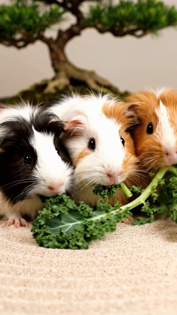 1656. Highly detailed view of 5 smooth-haired Texel guinea pigs with sable, white, and orange fur, chewing on kale stems, in a raked sand zen enclosure with bonsai.
