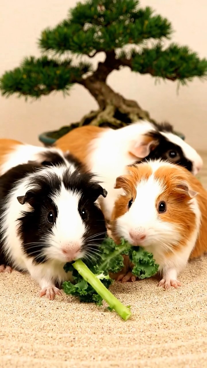 1656. Highly detailed view of 5 smooth-haired Texel guinea pigs with sable, white, and orange fur, chewing on kale stems, in a raked sand zen enclosure with bonsai.