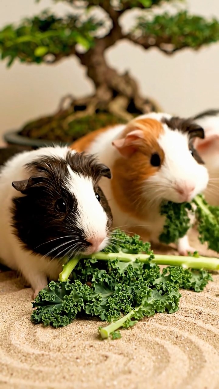 1656. Highly detailed view of 5 smooth-haired Texel guinea pigs with sable, white, and orange fur, chewing on kale stems, in a raked sand zen enclosure with bonsai.