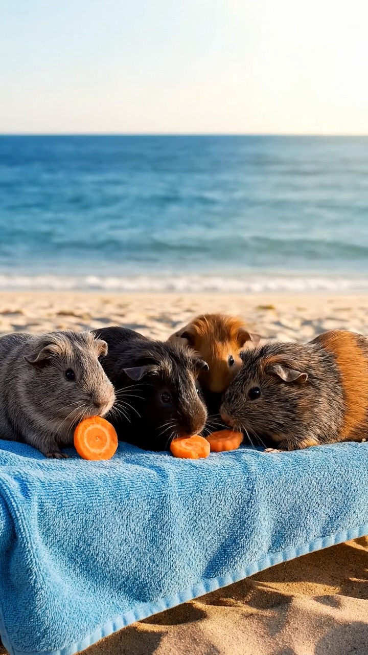 1657. Photorealistic scene of 4 smooth-haired Rex guinea pigs in gray, black, and brown colors, sharing carrot coins, on a liner sun lounge with ocean horizon.