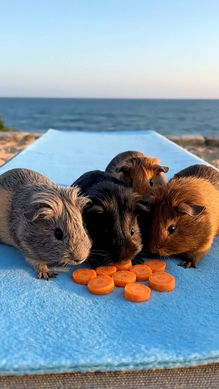 1657. Photorealistic scene of 4 smooth-haired Rex guinea pigs in gray, black, and brown colors, sharing carrot coins, on a liner sun lounge with ocean horizon.