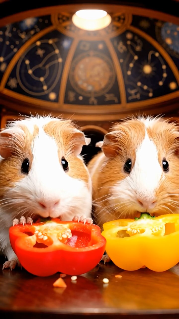1658. Realistic depiction of 2 smooth-haired Coronet guinea pigs with cream and fawn fur, munching on bell pepper halves, inside a domed stargazing room.
