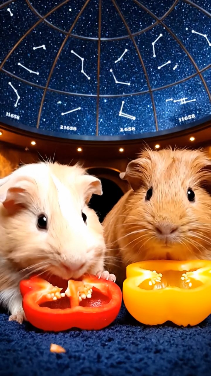 1658. Realistic depiction of 2 smooth-haired Coronet guinea pigs with cream and fawn fur, munching on bell pepper halves, inside a domed stargazing room.