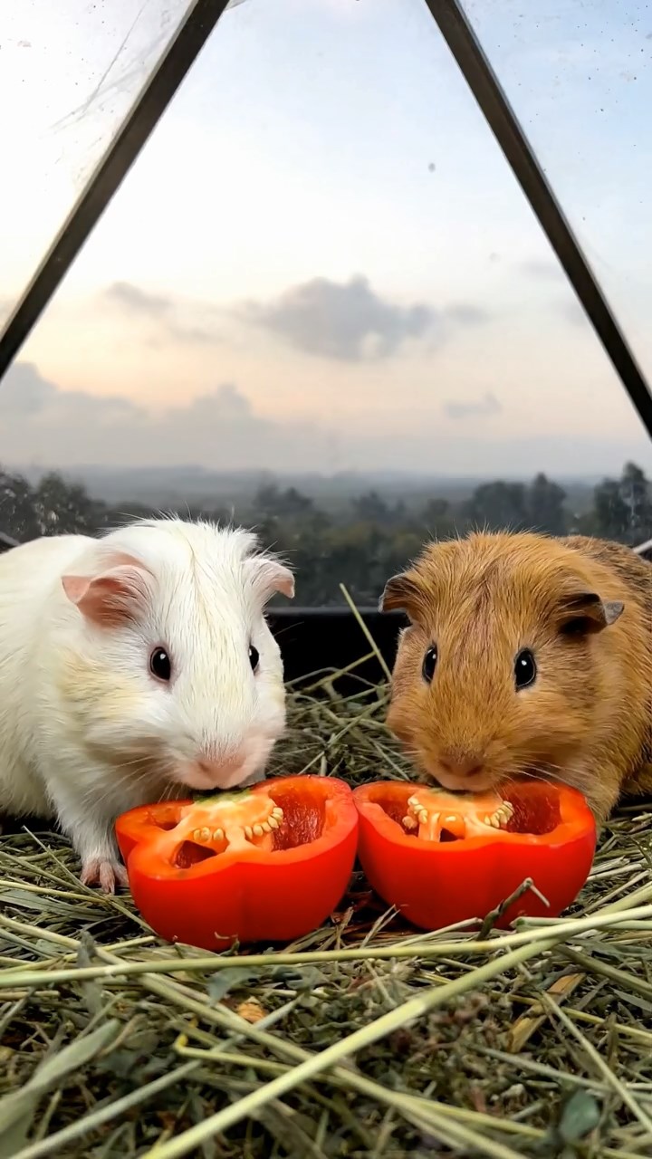 1658. Realistic depiction of 2 smooth-haired Coronet guinea pigs with cream and fawn fur, munching on bell pepper halves, inside a domed stargazing room.