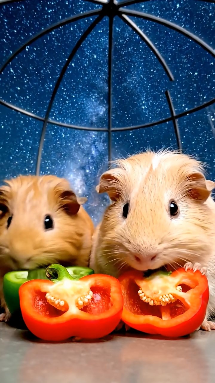 1658. Realistic depiction of 2 smooth-haired Coronet guinea pigs with cream and fawn fur, munching on bell pepper halves, inside a domed stargazing room.