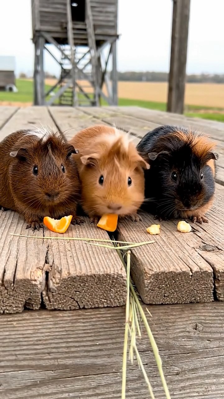 1659. Detailed photo of 3 smooth-haired White Crested guinea pigs featuring chocolate, cinnamon, and sable coats, eating orange wedges, atop a grain elevator platform.
