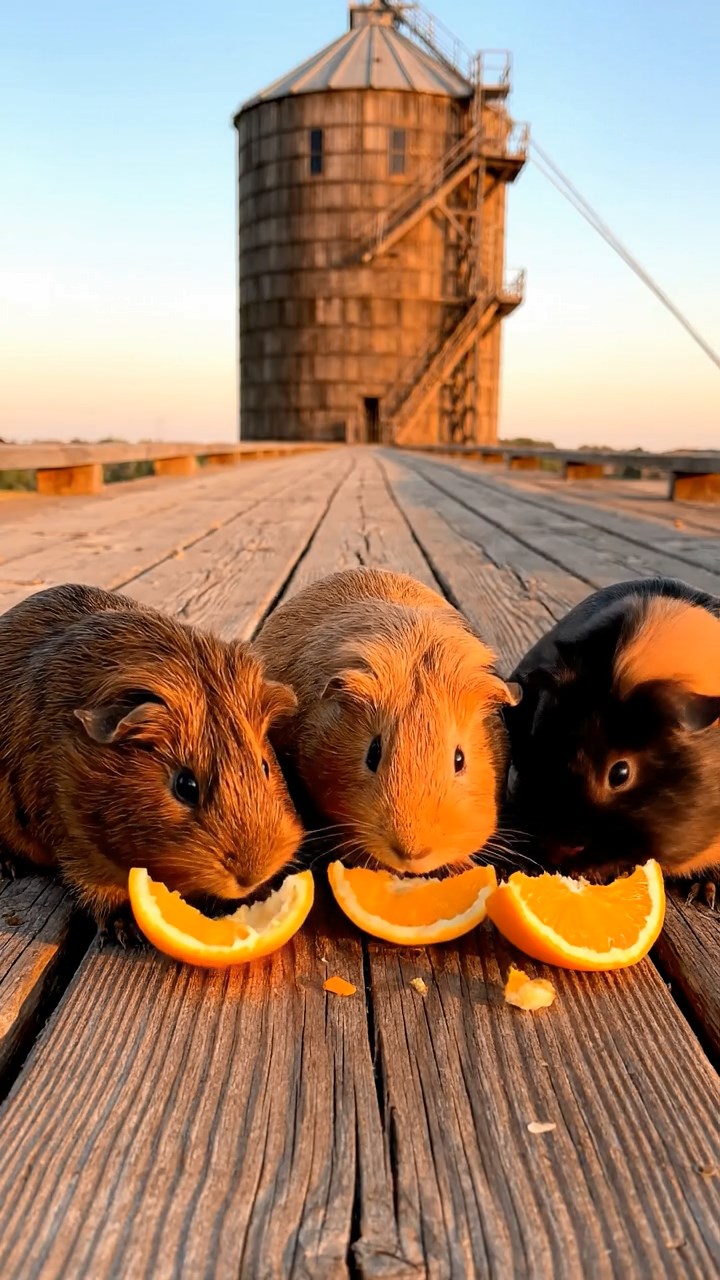 1659. Detailed photo of 3 smooth-haired White Crested guinea pigs featuring chocolate, cinnamon, and sable coats, eating orange wedges, atop a grain elevator platform.